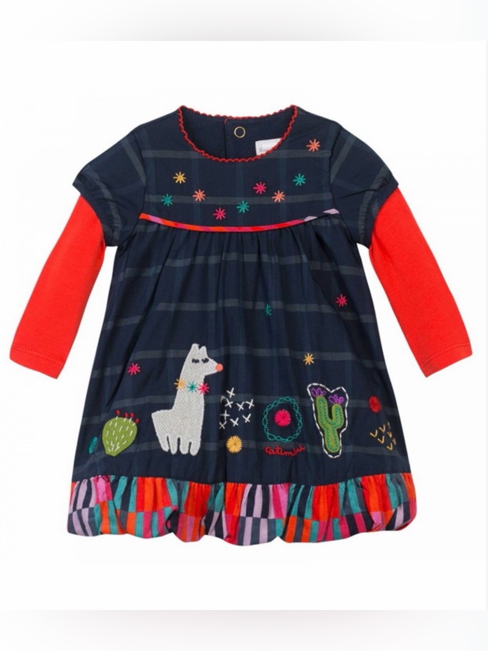 CATIMINI Long Sleeve Embroidered Dress with Corduroy Trim - 12M